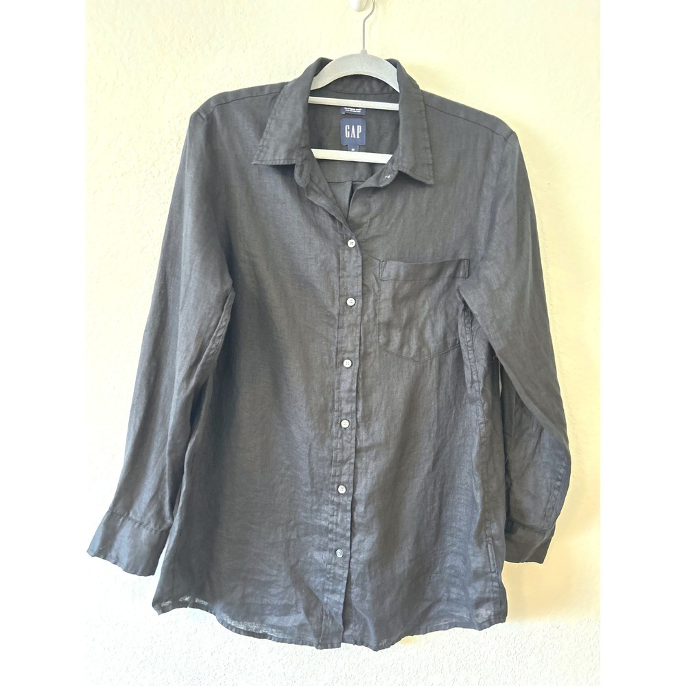 GapLi Black 100% Linen Boyfriend Shirt Long Sleeve Button Down Size M